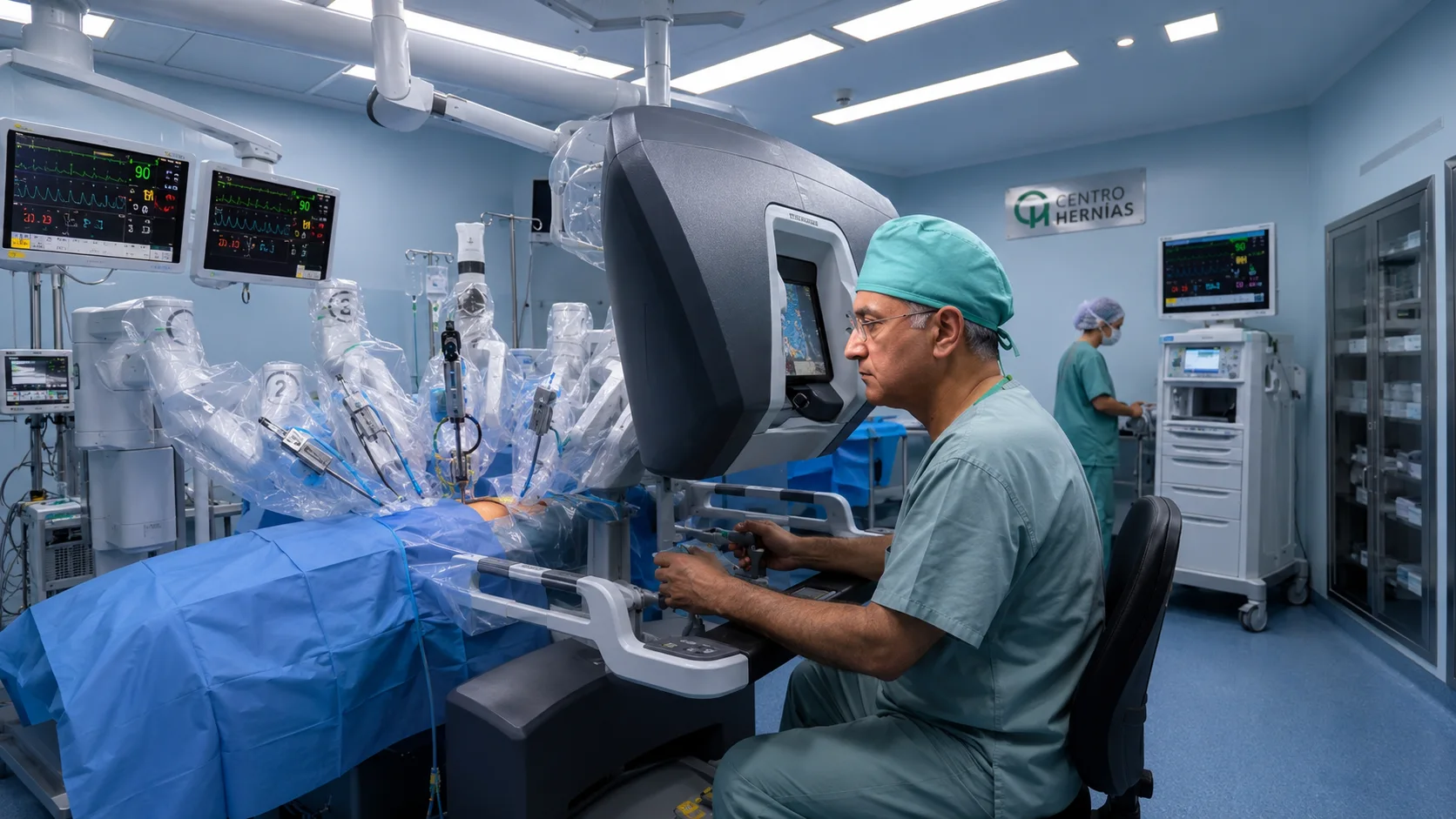 Dr. Amin Waked operando no console da plataforma robótica Da Vinci